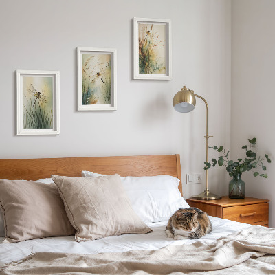Framed triptych Painted grasses with dragonflies above the water