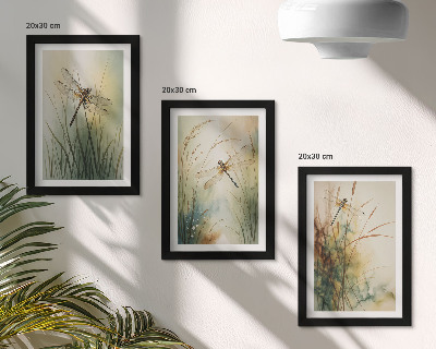 Framed triptych Painted grasses with dragonflies above the water