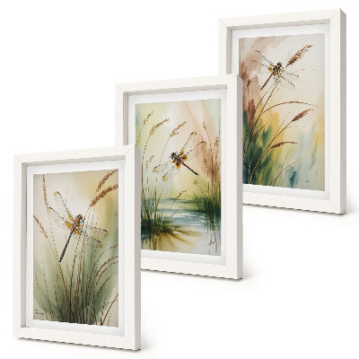3-piece wall art set Dragonflies among the grass by the water in a painterly style