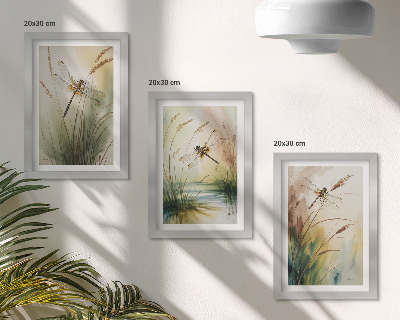 3-piece wall art set Dragonflies among the grass by the water in a painterly style