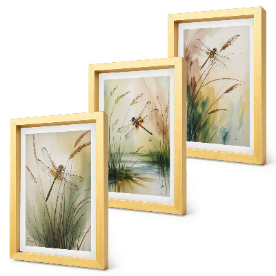 3-piece wall art set Dragonflies among the grass by the water in a painterly style