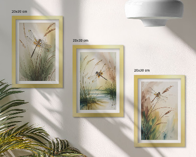 3-piece wall art set Dragonflies among the grass by the water in a painterly style
