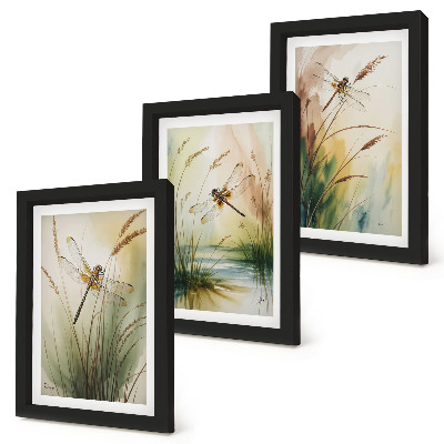 3-piece wall art set Dragonflies among the grass by the water in a painterly style