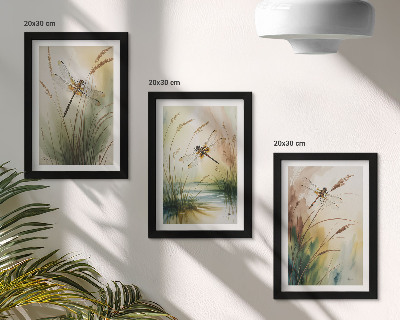 3-piece wall art set Dragonflies among the grass by the water in a painterly style