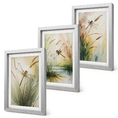 3-piece wall art set Dragonflies among the grass by the water in a painterly style