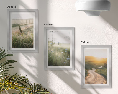Photo frame wall Landscape with a meadow, road and sunset
