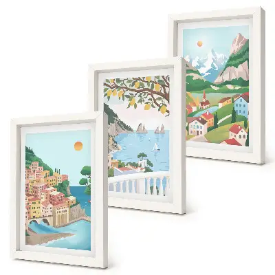 Seaside views with pastel-colored houses framed triptych