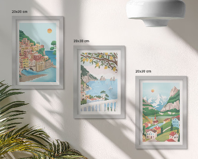 Framed triptych Seaside views with pastel-colored houses