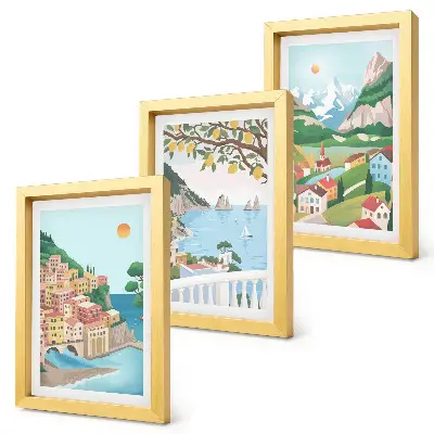 Seaside views with pastel-colored houses framed triptych