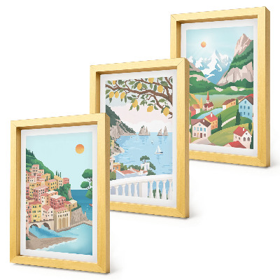 Framed triptych Seaside views with pastel-colored houses