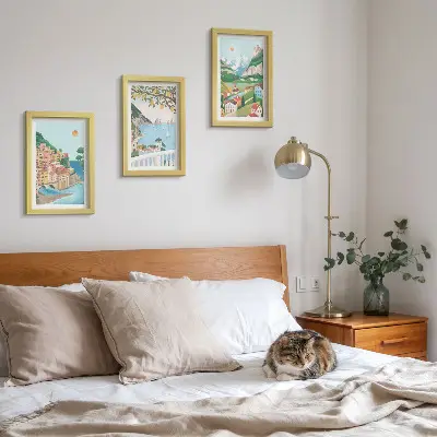 Seaside views with pastel-colored houses framed triptych