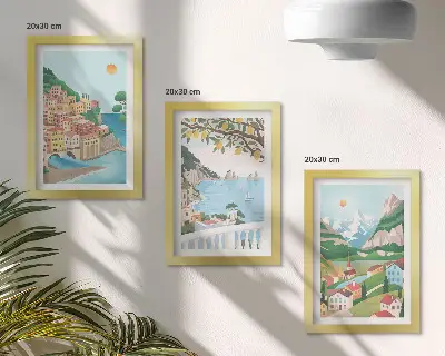 Seaside views with pastel-colored houses framed triptych
