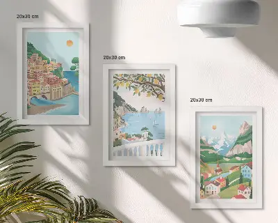 Seaside views with pastel-colored houses framed triptych