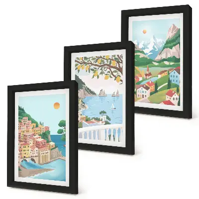 Seaside views with pastel-colored houses framed triptych