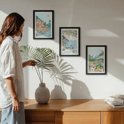 Seaside views with pastel-colored houses framed triptych