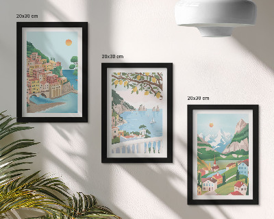 Framed triptych Seaside views with pastel-colored houses