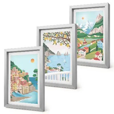 Seaside views with pastel-colored houses framed triptych