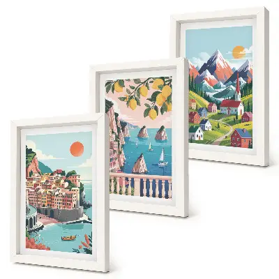 3-piece wall art set featuring colorful mountain landscapes and seaside cities
