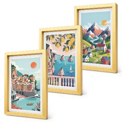 3-piece wall art set featuring colorful mountain landscapes and seaside cities