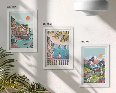 3-piece wall art set featuring colorful mountain landscapes and seaside cities