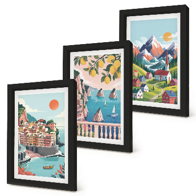 3-piece wall art set Colorful mountain landscapes and seaside cities