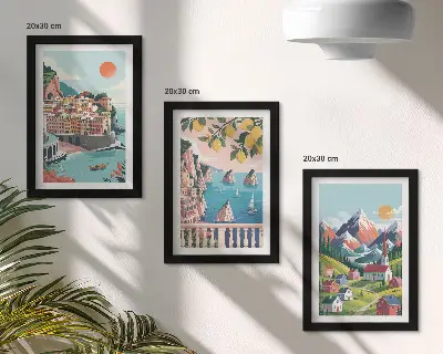 3-piece wall art set featuring colorful mountain landscapes and seaside cities
