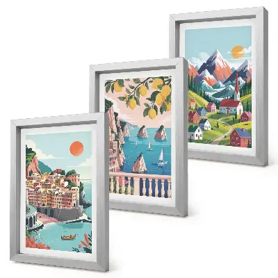 3-piece wall art set featuring colorful mountain landscapes and seaside cities