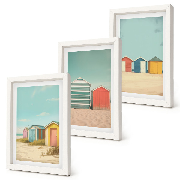 Framed triptych Colorful beach houses in the summer sun