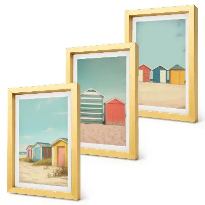 Colorful beach houses in the summer sun framed triptych