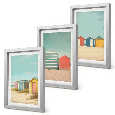Framed triptych Colorful beach houses in the summer sun