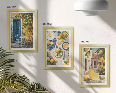 3-piece wall art set lemon garden with lemons and drinks on a table