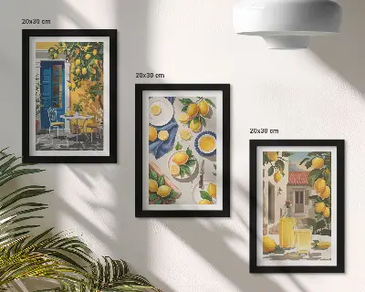 3-piece wall art set lemon garden with lemons and drinks on a table