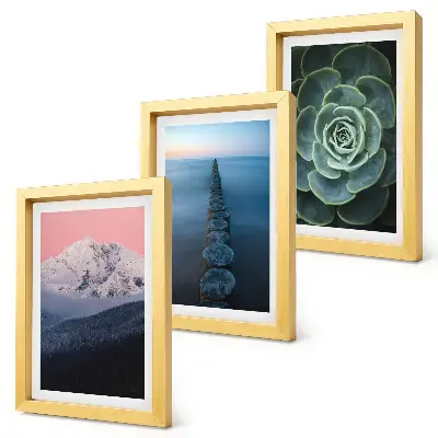 Framed triptych mountains with a pink sky, water, and green succulents