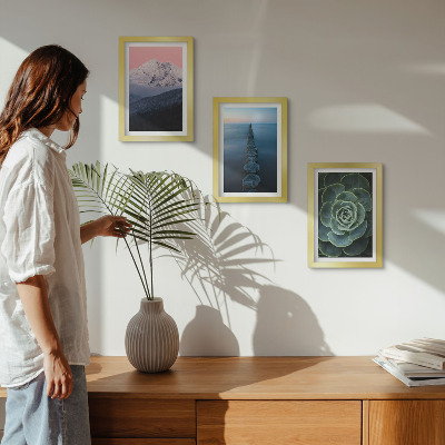Framed triptych Mountains with pink sky, water and green succulent