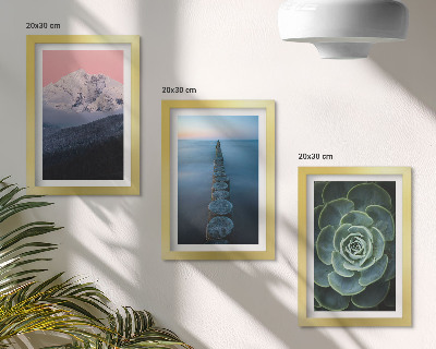 Framed triptych Mountains with pink sky, water and green succulent