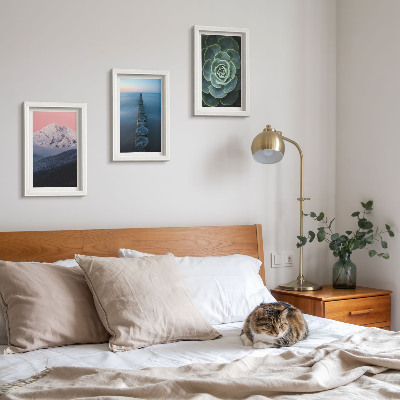 Framed triptych Mountains with pink sky, water and green succulent