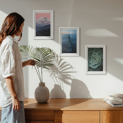 Framed triptych Mountains with pink sky, water and green succulent