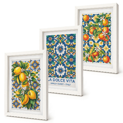 Framed triptych Citrus and colorful abstract patterns posters