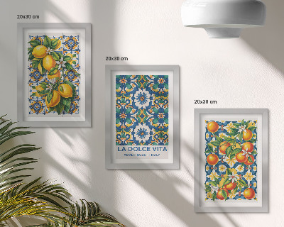 Framed triptych Citrus and colorful abstract patterns posters