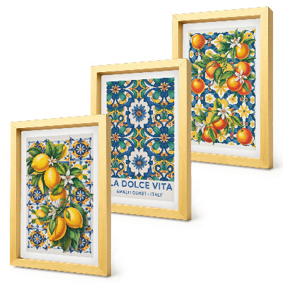 Framed triptych Citrus and colorful abstract patterns posters