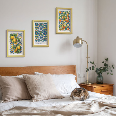 Framed triptych Citrus and colorful abstract patterns posters