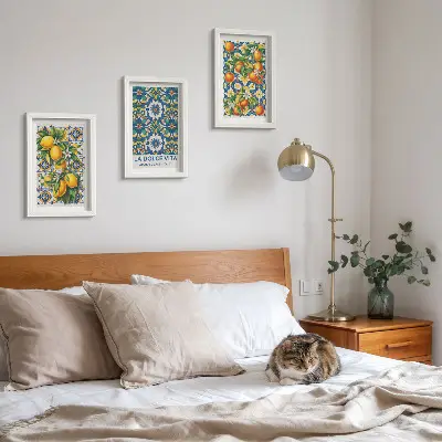 Citrus and colorful abstract patterns posters framed triptych