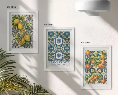 Citrus and colorful abstract patterns posters framed triptych