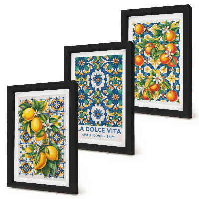 Framed triptych Citrus and colorful abstract patterns posters