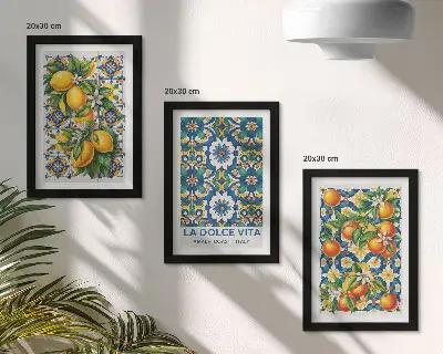 Citrus and colorful abstract patterns posters framed triptych