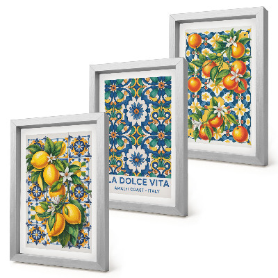 Framed triptych Citrus and colorful abstract patterns posters
