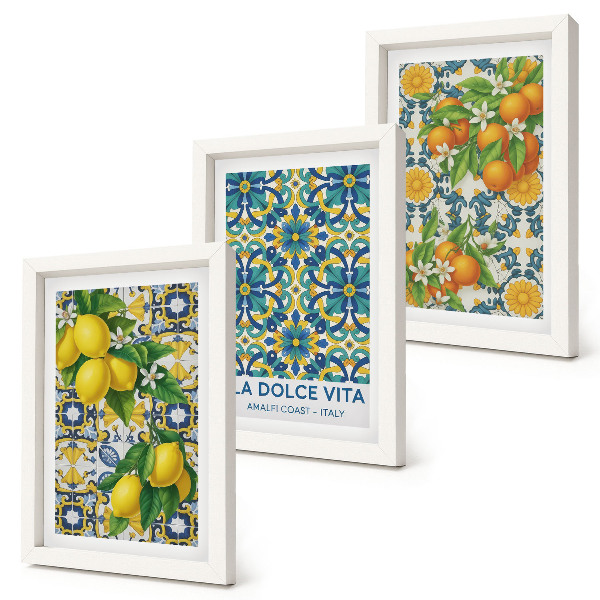 3-piece wall art set Lemon blossoms and oranges in Italian style