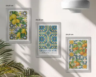 3-piece wall art set featuring lemon blossoms and oranges in an Italian style