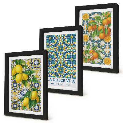 3-piece wall art set Lemon blossoms and oranges in Italian style