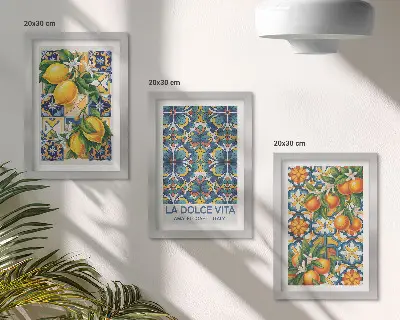 Photo frame wall with lemon and orange blossoms in colorful patterns